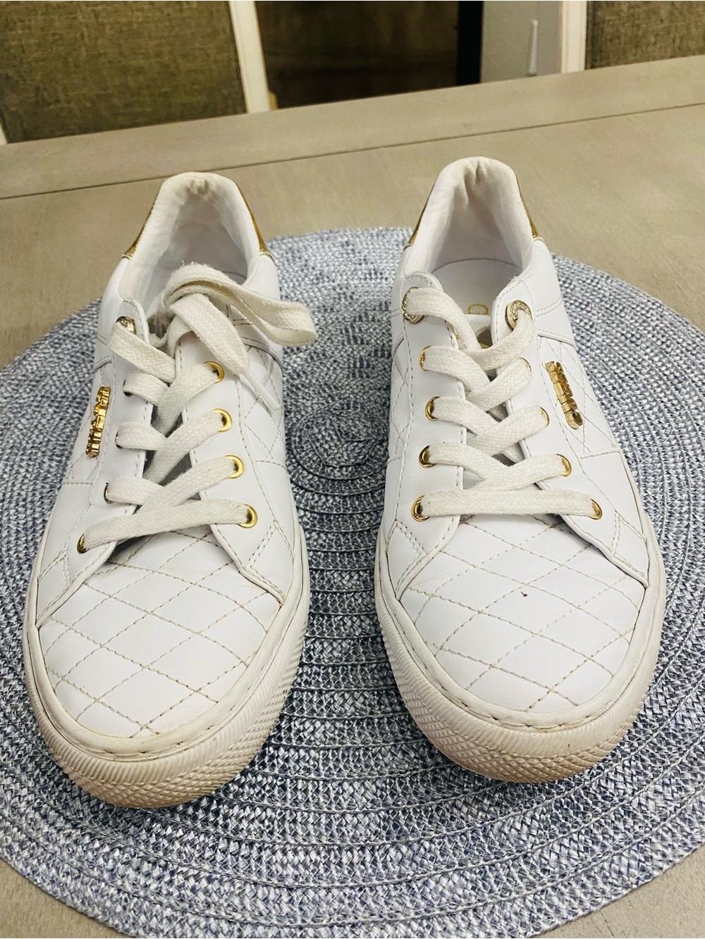 Guess White Quilted Leather Sneakers with Gold Accents - Women